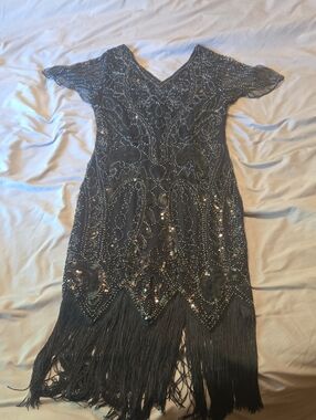 Black Beaded Fringe Mini Dress - Elegant Evening Wear